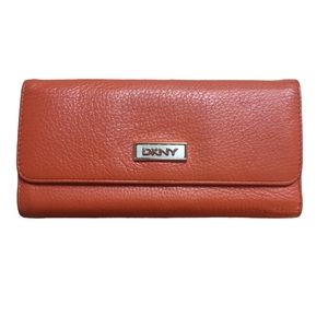 DKNY Flat Wallet Orange Faux Leather Cream Interior Gold Accent Wallet Great